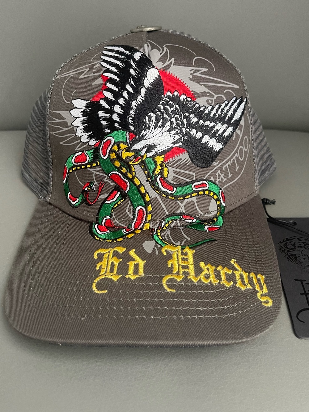 Ed Hardy Eagle Snake Snapback Trucker Hat Vintage Grey One Size